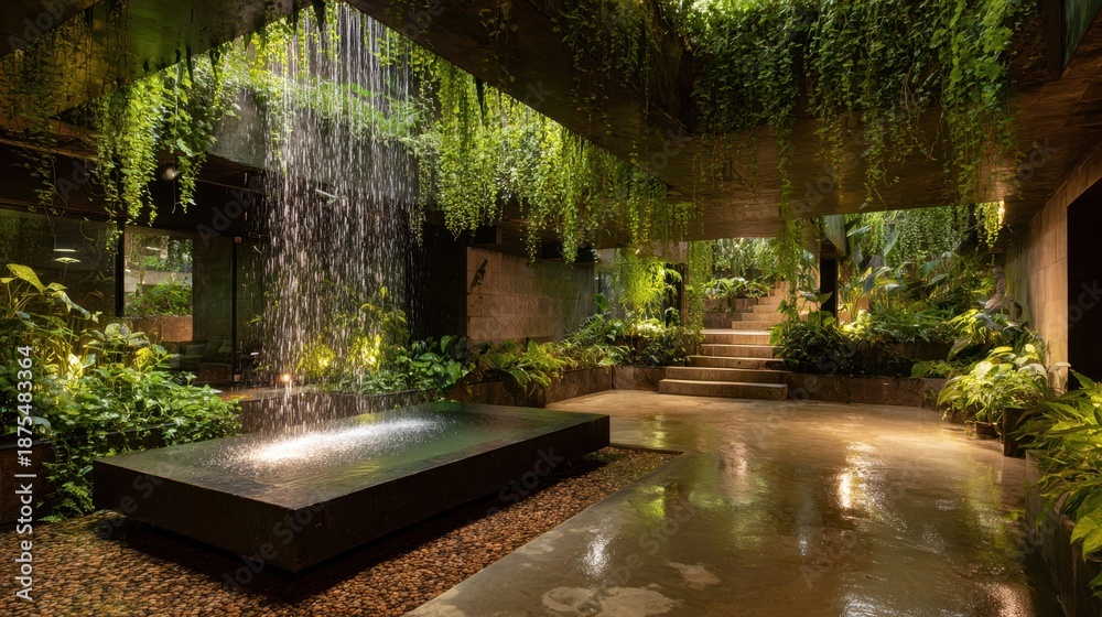 Naklejka premium Indoor garden space with waterfall