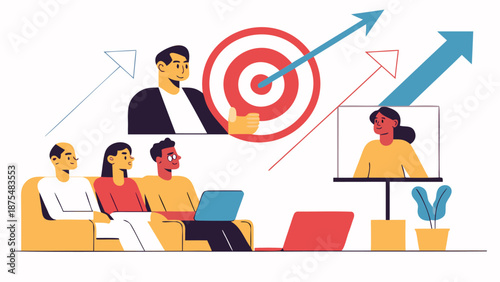 Team collaboration and goal achievement concept with flat illustration style featuring people working together and aligning arrows towards a common