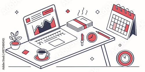 Isometric illustration shows a laptop displaying a graph next to a stack of documents, a coffee cup, and a wall calendar on a modern desk.