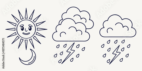 Three simple outline icons depict various weather conditions including sunshine, lightning storm, and heavy rain with thunder.