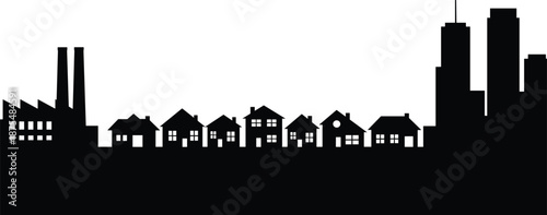 Silhouette cityscape with factory, suburban houses, and skyscrapers, black and white graphic, transparent background, urban development and zoning illustration