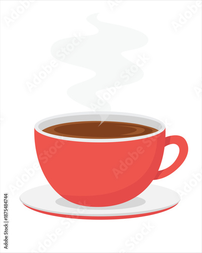 Coffee cup vector or tea cup vector in flat cartoon style. Red mug with hot drink on saucer. Cozy drink illustration isolated on white background.