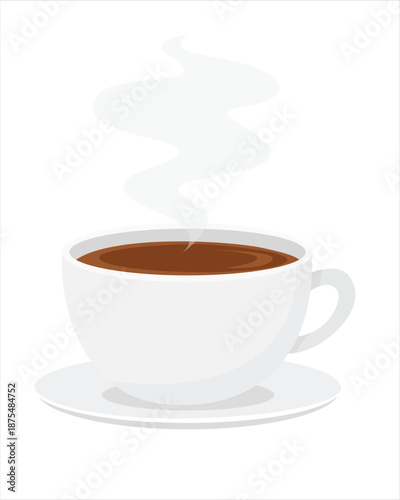 Coffee cup vector or tea cup vector in flat cartoon style.  White mug with hot drink on saucer. Cozy drink illustration isolated on white background.