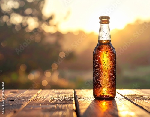 Condensation on Glass Bottle on Wooden Table in Soft Side Light