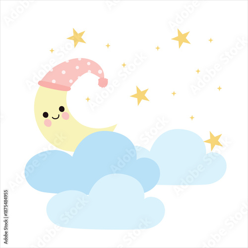 Moon and stars night scene vector in flat cartoon style. Smiling moon on clouds with stars in dark sky. Cozy bedtime illustration isolated.