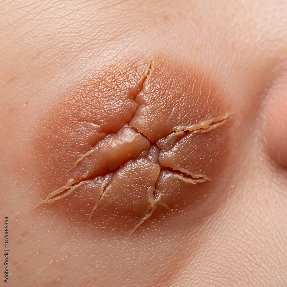 Fototapeta premium Close up of cracked, peeling skin shows signs of dryness and damage.