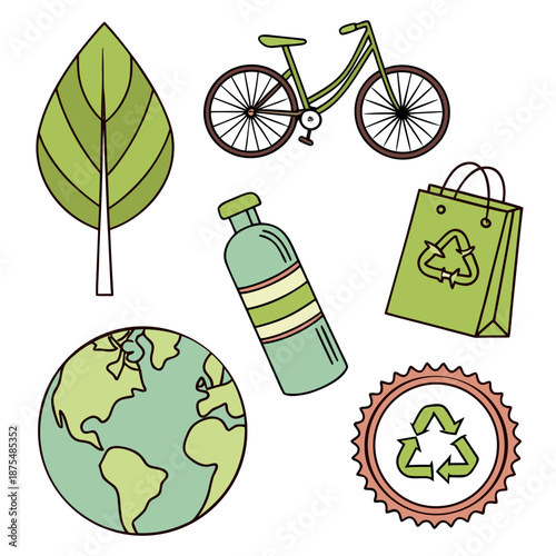 Sustainable Eco Travel Icons with Bicycle Leaf and Globe