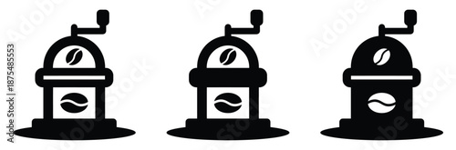 Coffee grinders with beans in modern minimalist design,Retro coffee grinder icon. Flat silhouette version.Grinder, coffee grinder, grinder of coffee and spices. Manual coffee grinder.Icon,coloring pag