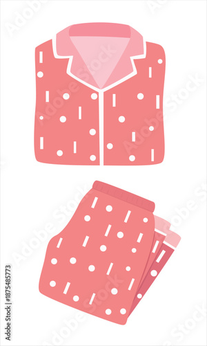 Folded pajamas vector in flat cartoon style. Pink kids pajama with polka dot pattern. Cute sleepwear illustration isolated. Sleepwear clipart.