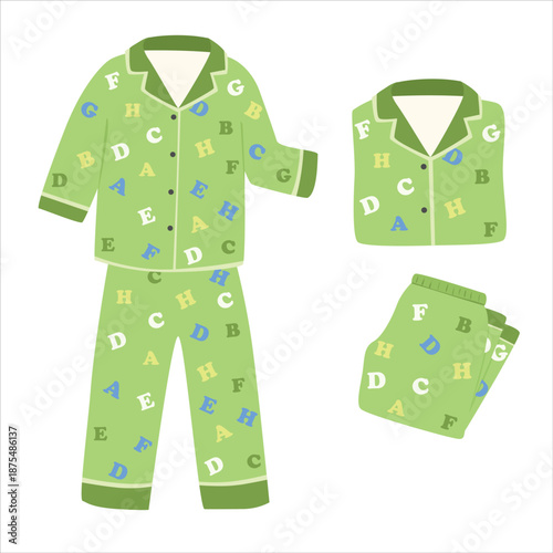 Pajamas vector in flat cartoon style. Folded green kid pajamas with alphabet letters pattern. Cute bedtime clothing clipart isolated on white background. Sleep element
