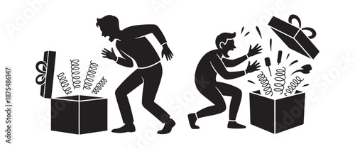 Two men reacting to opening boxes with money and cash flying out high quality professional detailed