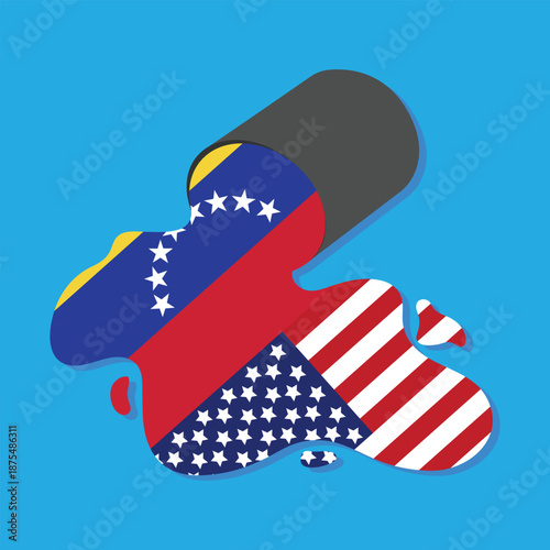 America flag and Venezuela flag petroleum background. Crude oil reserves. United States of America