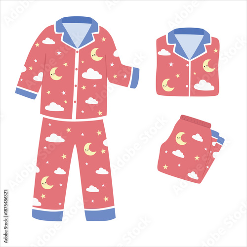 Pajamas vector in flat cartoon style. Red pajamas clipart with moon, stars, and cloud pattern. Cute bedtime clothing illustration isolated. Sleepwear, nightwear, sleep element clipart.
