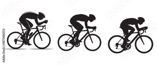 silhouette of three cyclists riding bicycles in different positions on a white background high quality professional