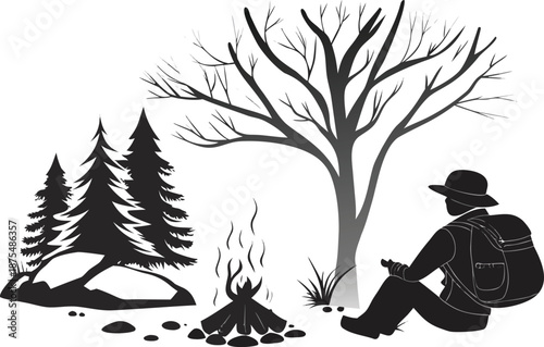 Silhouette of a lone camper sitting by a campfire, wearing a hat and backpack, surrounded by a leafless tree, evergreen tree, rocks, and grass.