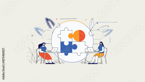 Two people collaborating on puzzle pieces with laptops in a minimalist flat illustration style symbolizing teamwork and problem solving