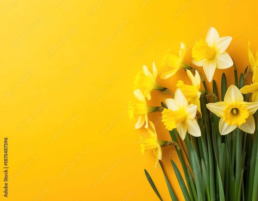 Fototapeta premium Yellow daffodils on a yellow background. Spring floral background with space for text. Template for an Easter card or banner