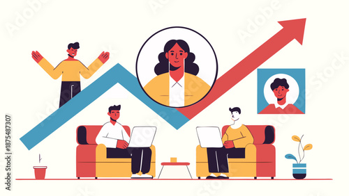 Diverse group of people working together on laptops while a woman is highlighted in a circle with an upward trending red arrow and a man celebrating