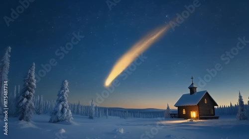 Enchanting winter night sky with a bright comet over a cozy cabin.