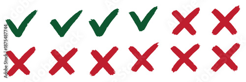 Grunge vector checkmark and cross. Grunge green check mark and red cross mark icon set. brush correct or incorrect sign with circle