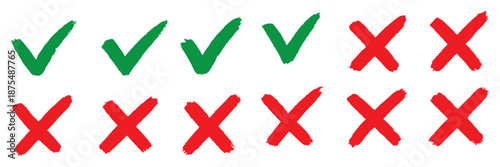 Grunge vector checkmark and cross. Grunge green check mark and red cross mark icon set. brush correct or incorrect sign with circle