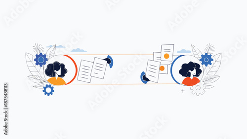 Colleagues collaborating and exchanging documents in a modern flat design illustration with vibrant colors and abstract elements