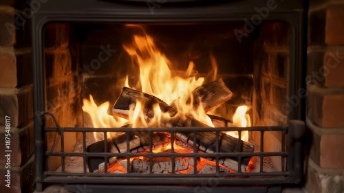 Cozy fireplace with burning logs and warm dancing flames.