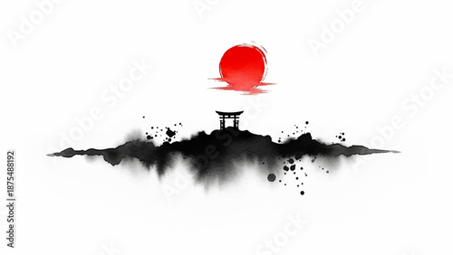 Red sun over a Japanese shrine in watercolor art style with abstract ink splashes