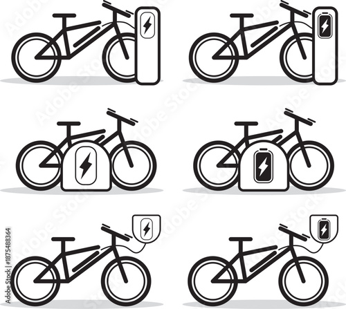 Set d'icônes vectorielles de bornes de recharge pour vélos électriques, différentes variantes de stations de charge pour e-bike, style linéaire noir et blanc.