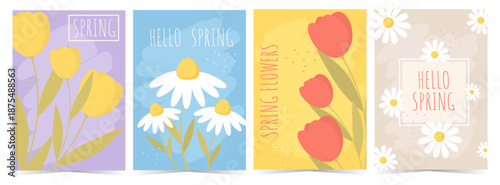 A set of vertical spring floral cards. Tulips, daisies, and chamomile are perfect for holidays like 8 march, Mother's Day, and Easter. Vector EPS 10.