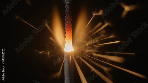 Close up of a bright sparkler igniting and emitting a shower of golden sparks and fiery flames against a dark background.