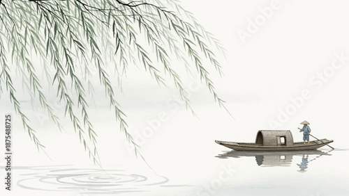 Serene watercolor painting of a lone boat navigating calm waters under weeping willow branches