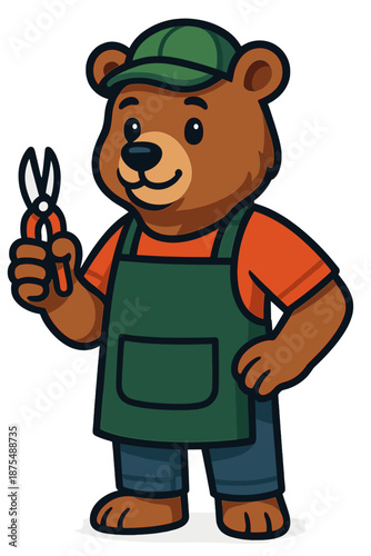 Friendly bear gardener holding pruning shears in a joyful gardening scene in a whimsical style