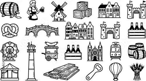 Line art icon set close up of pretzel, beer barrel and waitress holding mug with windmill, castle, cathedral, ferris wheel cart