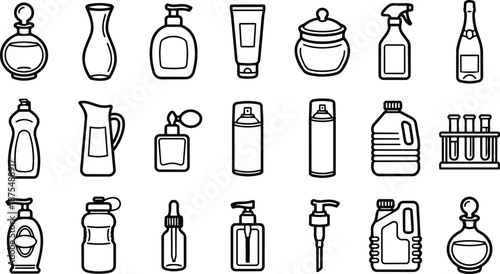 Hand drawn line art bottle and container icon set close up flat vector pack for labels packaging and web design
