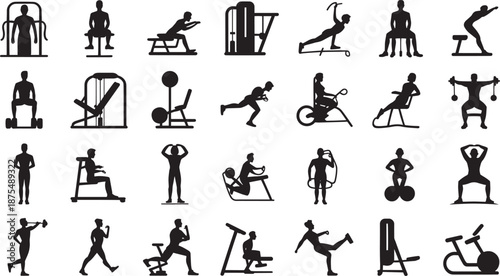 Black Silhouette Icons of People Exercising on Various Gym Equipment