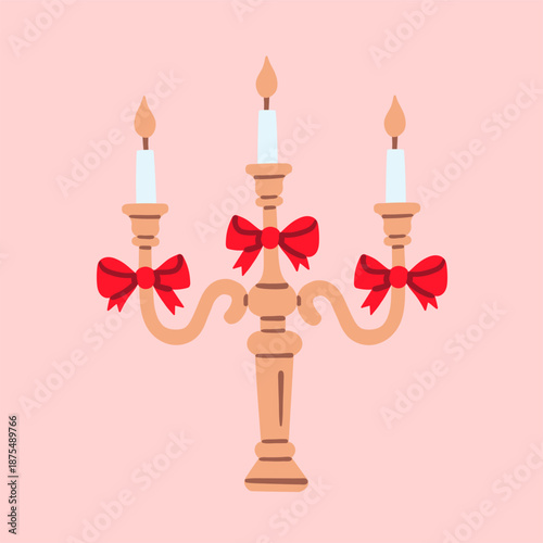 Flat style illustration of elegant three-armed candelabra with lit candles and bright red bows, perfect for Valentine s Day cards, romantic dinner invitations, and vintage-inspired decor designs.