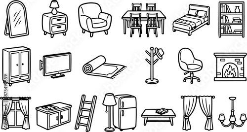Whimsical hand drawn line art furniture icon set showing mirror armchair bed bookshelf tv rug and fireplace in flat composition