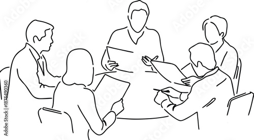 Continuous line art of five professionals in a collaborative meeting around a table.