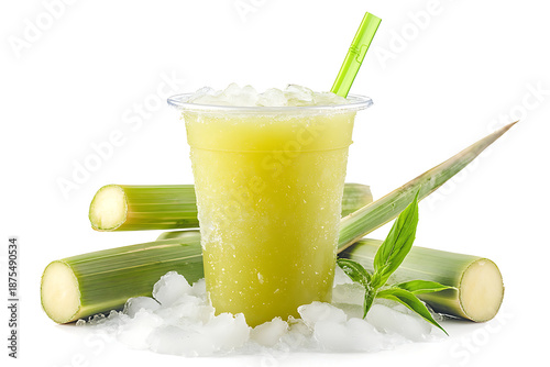 Refreshing sugarcane juice in a clear plastic cup with ice