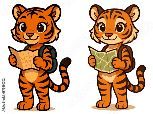Two cute cartoon tigers exploring with maps in a playful outdoor setting during the day