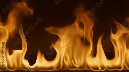 Close up of vibrant orange fire flames burning intensely in the dark.