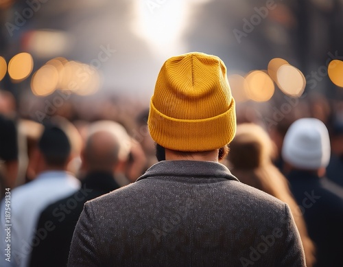 soft focus on individual wearing yellow beanie amidst crowd creating depth and intrigue