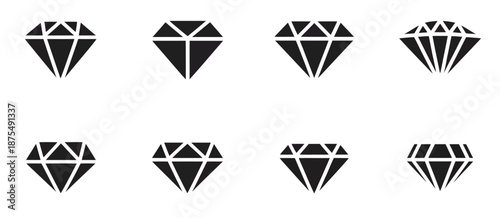 Diamond vector icon collection showing various diamond cut shapes in flat style, abstract black gemstone symbols ideal for luxury logos, jewelry branding, fashion design, marketing materials