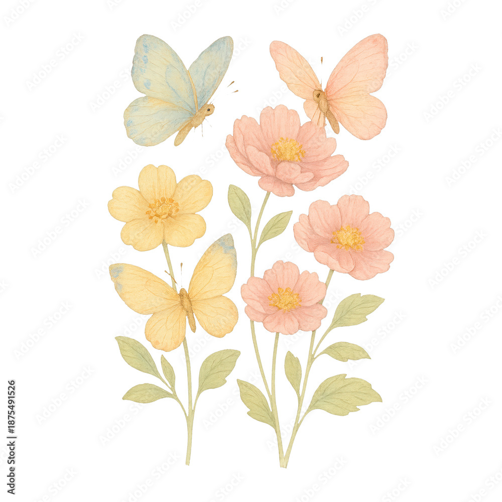 Obraz premium PNG Delicate butterflies with blooming flowers.