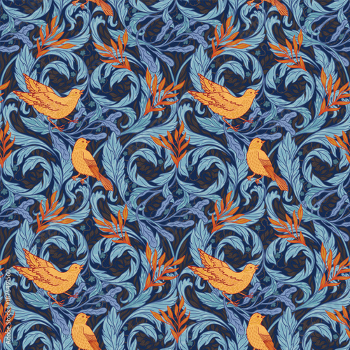 Vintage style seamless pattern with Floral wreath and birds for retro wallpapers. Enchanted Vintage Flowers. Arts and Crafts movement inspired. Design for wrapping paper, wallpaper, fabrics and