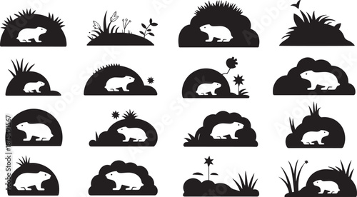 Black Bear Silhouettes Emerging from Burrows in Various Landscapes