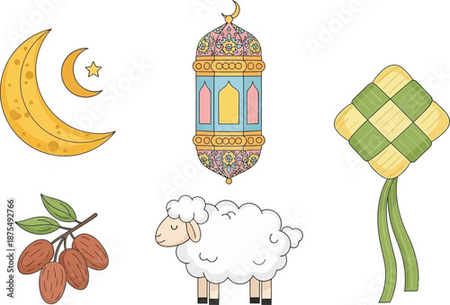 Delightful Collection of Traditional Symbols and Cultural Icons Featuring a Moon Sheep Lantern and