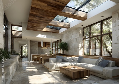 Sustainable interior living room with passive daylight design,