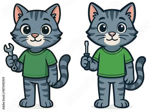 Cartoon cat character showcasing a wrench and a screwdriver for a fun DIY theme